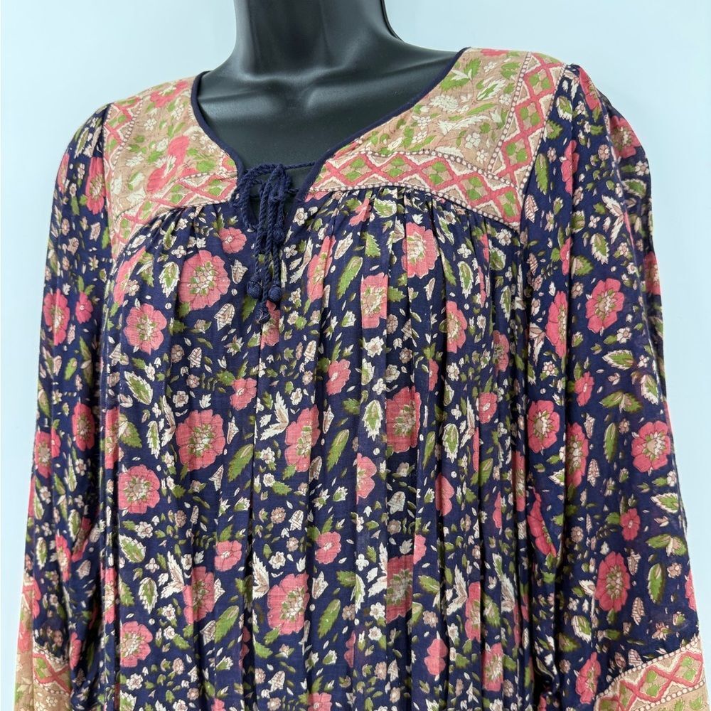 1970s Star of India Vintage Indian Cotton Kaftan Dress Floral Gauze | Medium - Picture 5 of 7